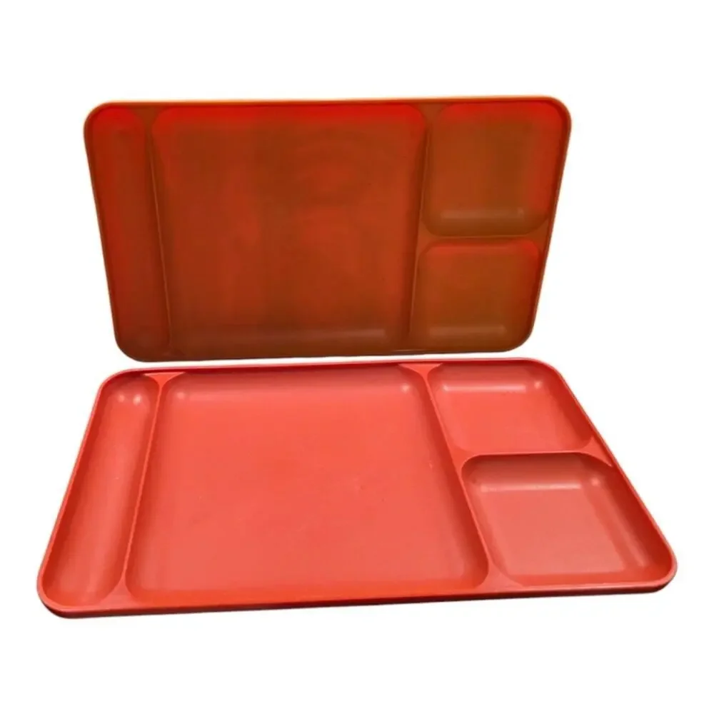 Vintage Tupperware Divided Cafeteria Trays Set of 2 Orange Plastic 15x9 4Section